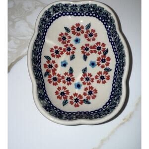 Boleslaweic Polish Pottery Small Oval Scalloped Serving Dish Handmade Poland 5”